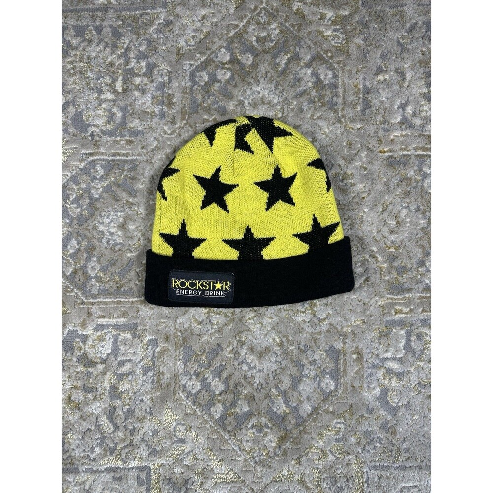 Vtg Y2k Rockstar Energy Promo Beanie Hat Yellow Black Star Print Proto Sample